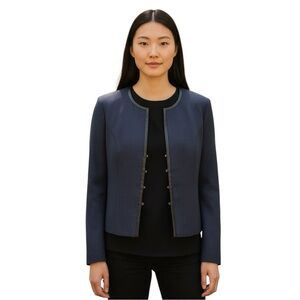 Hugo Boss Midnight Blue Faux Leather Trim Collarless Blazer NWOT Size 8